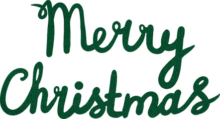 Vector illustration of knitted Merry Christmas lettering, green color, holiday cards, festive decor, winter design projects, and Christmas printables.