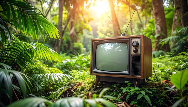 Vintage TV in a lush jungle