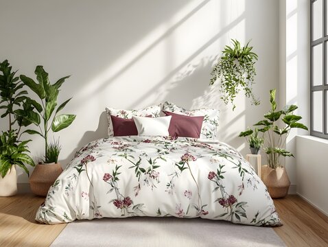 Bright Scandinavian bedroom interior with natural sunlight and greenery, interior of a bedroom with a bed