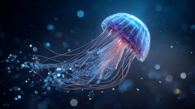 A glowing jellyfish with long tentacles floating in deep blue ocean water with bokeh background