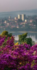 Purple blossoms frame city skyline over lake
