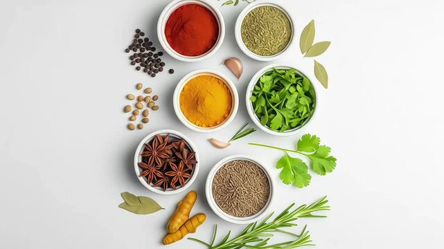 A vibrant arrangement of spices and herbs in bowls on a white background.