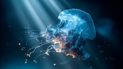 A jellyfish floating in the deep ocean with bright light rays shining down on the creature