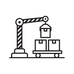 Industrial Automation Icon, Robotic Arm Loading Boxes on Warehouse Cart, Logistics and Shipping Vector Symbol
