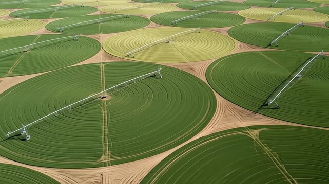 Aerial view of circular irrigation fields showcasing vibrant green crops.