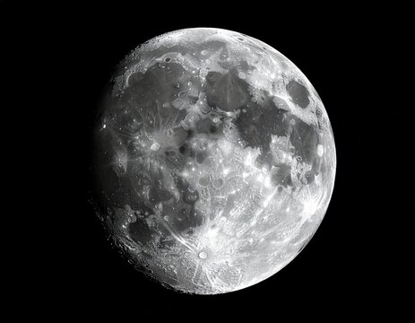 Detailed black and white image of the gibbous moon with visible craters and maria against the blackness of space.