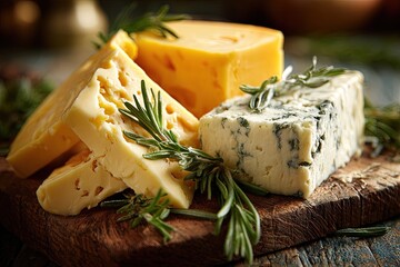 Assorted Cheeses On Wooden Board With Herbs
