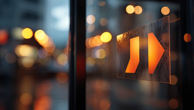 Outward-pointing arrows on a storefront, city lights out of focus - Powered by Adobe