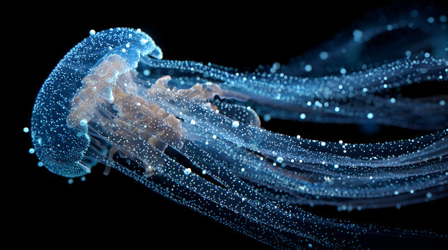 A captivating jellyfish with glowing dots floating in the dark ocean water with long flowing tentacles