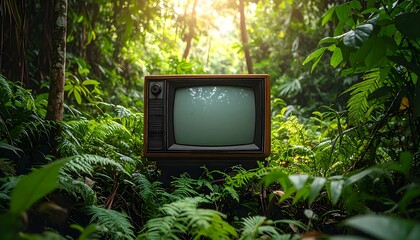 Vintage TV in lush jungle
