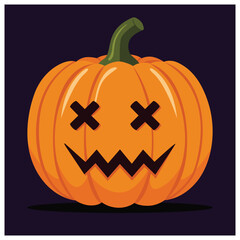 Cartoon illustration of a Halloween pumpkin with crossed eyes and a jagged mouth on a dark purple background.