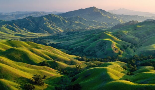 Lush green rolling hills meet distant mountain range at dawn - Powered by Adobe