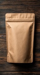 Empty kraft paper food pouch on wood