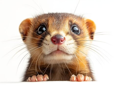 Close up portrait of a curious baby ferret peeking over a white surface with large dark eyes and whiskers