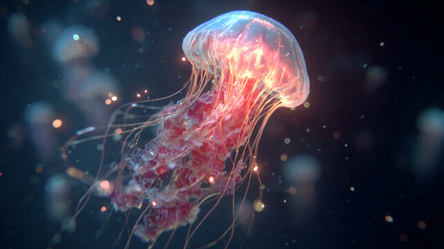 A glowing jellyfish with pink and blue hues floating in the deep dark ocean with small light particles - Powered by Adobe