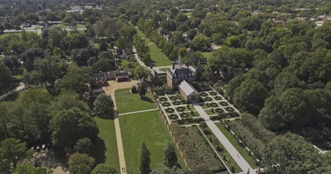 Williamsburg Virginia Aerial v9 birds eye view of the historic Governor's Palace, showcasing colonial architectural grandeur amidst maintained gardens - Shot with Mavic 3 Pro Cine - Sept 30th 2023