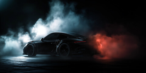 Dynamic car drift in dark smoke urban environment high-impact photography nighttime viewpoint