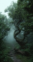 Twisted tree in a misty, verdant forest. A path winds through the trees
