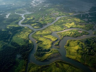Stunning aerial view of a meandering river delta with lush green wetlands and intricate waterways.
