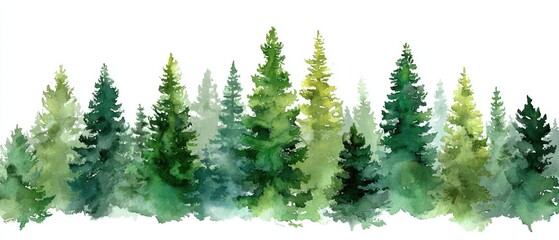 Watercolor illustration of a dense forest of pine trees