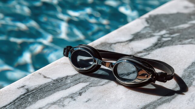 Stylish black swimming goggles with chrome accents resting on a marble poolside next to blue rippling water. - Powered by Adobe