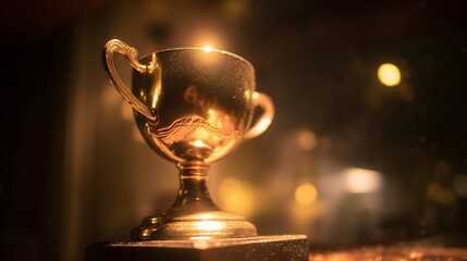  Golden trophy on a pedestal illuminated by a warm spotlight against a dark blurred background.