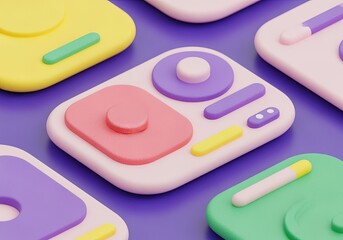 Naklejka premium 3D abstract colorful UI dashboard elements with pastel gradients, rounded plastic buttons, modern app interface widgets, playful minimal composition for digital design, futuristic creative technology 
