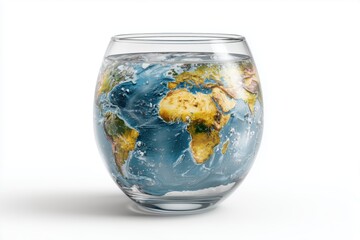 Creative concept of Earth represented as a globe inside a water-filled glass, symbolizing environmental awareness, global unity, and sustainability