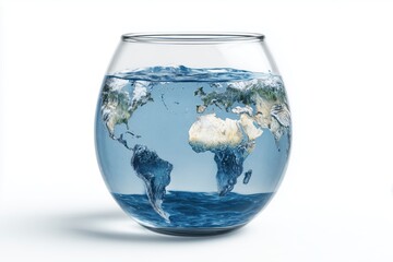 Creative concept of Earth represented as a globe inside a water-filled glass, symbolizing environmental awareness, global unity, and sustainability