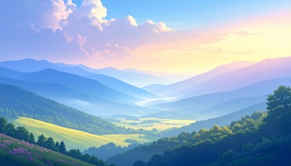 Serene mountain panorama with rolling hills and vibrant hues in a dreamy landscape