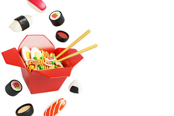 Asian food 3d background. Wok noodles in red paper box with sticks, nigiri sushi and onigiri. Chinese and japanese cuisine, pad thai with egg, fish rolls for delivery from restaurant