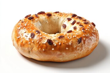 Round bagel, golden brown, topped with raisins and sesame seeds