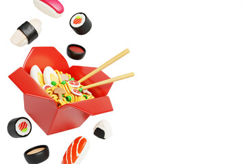 Asian food 3d render banner. Wok noodles with chopsticks in red paper takeaway box, sushi and onigiri on blue background. Japanese rice with fish, Chinese cuisine dish cooked with egg