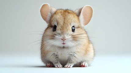 Fototapeta premium A small cute furry rodent sits looking forward against a clean neutral white background