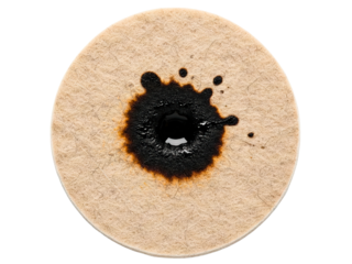 Black ink stain and a scorch mark on a round felt coaster on a transparent background