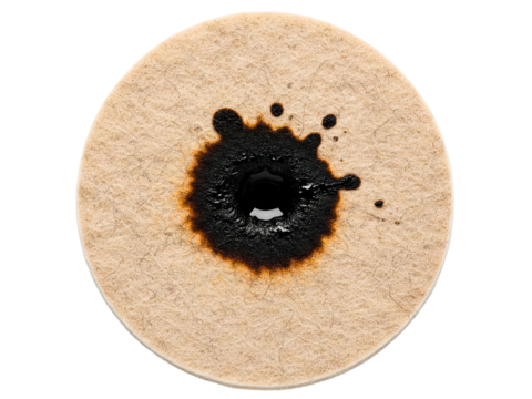 Black ink stain and a scorch mark on a round felt coaster on a transparent background
