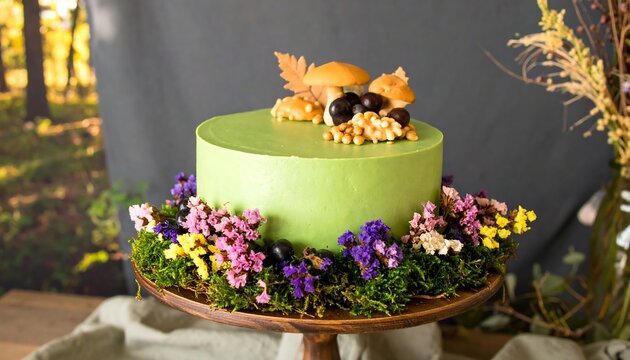 Autumnal themed cake with forest decorations