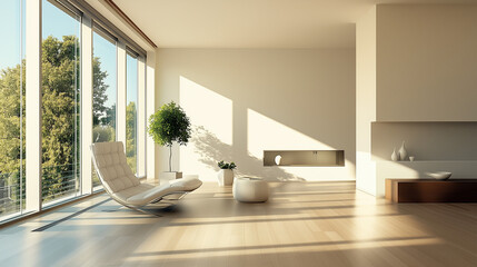 Modern living room with clean, minimal design and natural light, embodying simplicity and elegance.