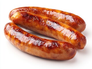 Three grilled sausages on a white background.  Golden-brown, cooked sausages with visible grill marks,  lying slightly overlapping,  exuding a glossy sheen