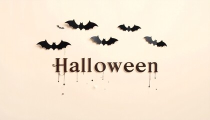Fototapeta premium Bold “Halloween” text with flying bats—graphic depth and festive silhouettes evoke spooky celebration and playful fright.