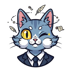 The Witty Cat: A charming, cartoon cat, depicted in a smart suit, winks with a star over his eye, surrounded by floating feathers and scrolls, embodying wit and creativity.