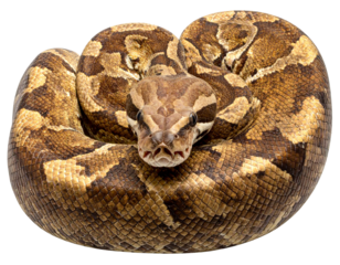 Coiled Boa Constrictor with Patterned Scales, Front-Facing Defensive Pose, isolated on transparent background