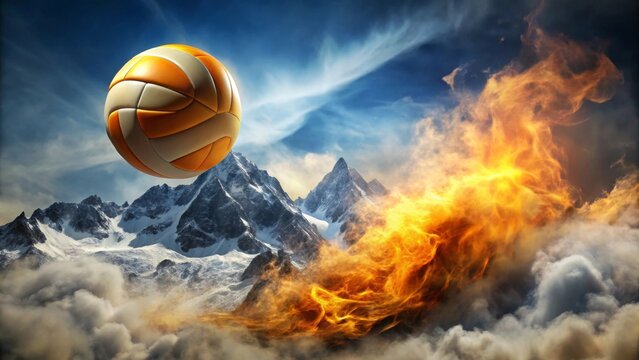 A fiery orange volleyball soars above a majestic, snow-capped mountain range, a dramatic display of athleticism and nature's power