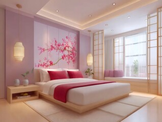 Fototapeta premium 薄紫色の壁に桜の花柄のベッドルーム