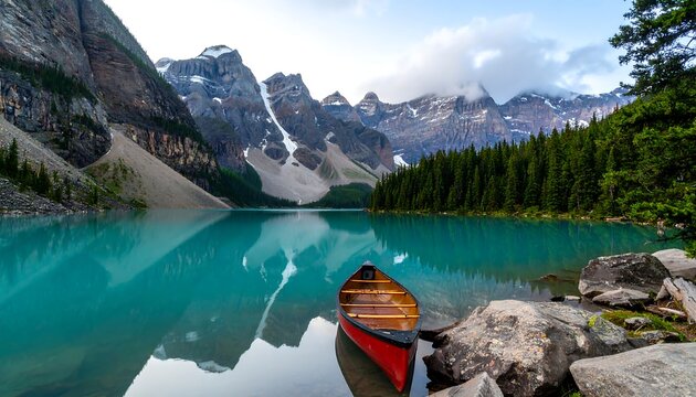 Serene alpine lake with canoe - Powered by Adobe