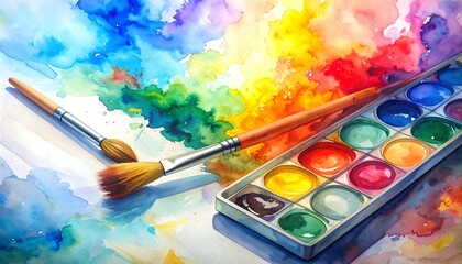 Fototapeta premium Vibrant watercolor paints and brushes rest on a colorful, artistic palette, showcasing a range of hues and textures.