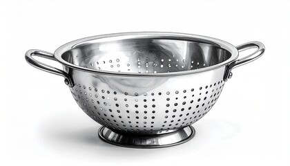 Stainless steel colander on white background—punched symmetry and utilitarian grace evoke culinary clarity and tactile function.