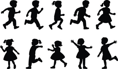 Children silhouettes running and playing, kids vector illustration, boy and girl outline, childhood activity, playful movement, outdoor fun, happy lifestyle, design