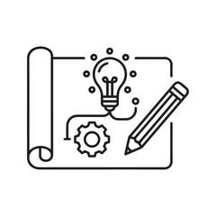 Creative Development Process Icon, Project Blueprint with Lightbulb, Gear, and Pencil Symbol for Innovation and Engineering
