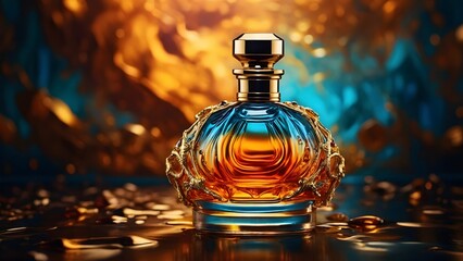 perfume bottle painted in intricate detail against a backdrop of shimmering amber. The bottle shines with golden accents, its curves reflecting the light in a captivating display of luxury.
